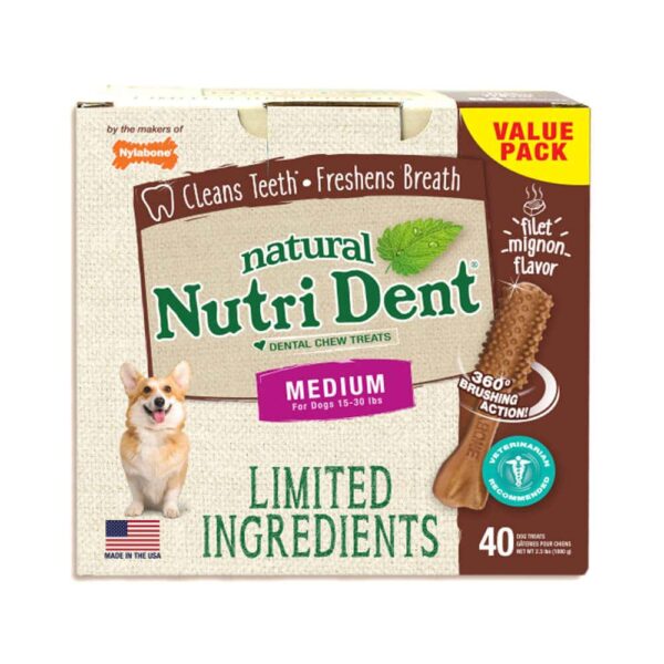 NTD662T40P-600x600 Nylabone Nutri Dent Limited Ingredient Dental Chews Filet Mignon Medium 40 count